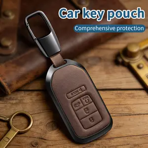 Compatible with Honda Key Fob Cover & Leather Keychain - genuine leather Keyfob Case for Accord Civic CR-V HR-V Pilot Ridgeline Crosstour Fit, For 5 Button Remote (2015-2021)