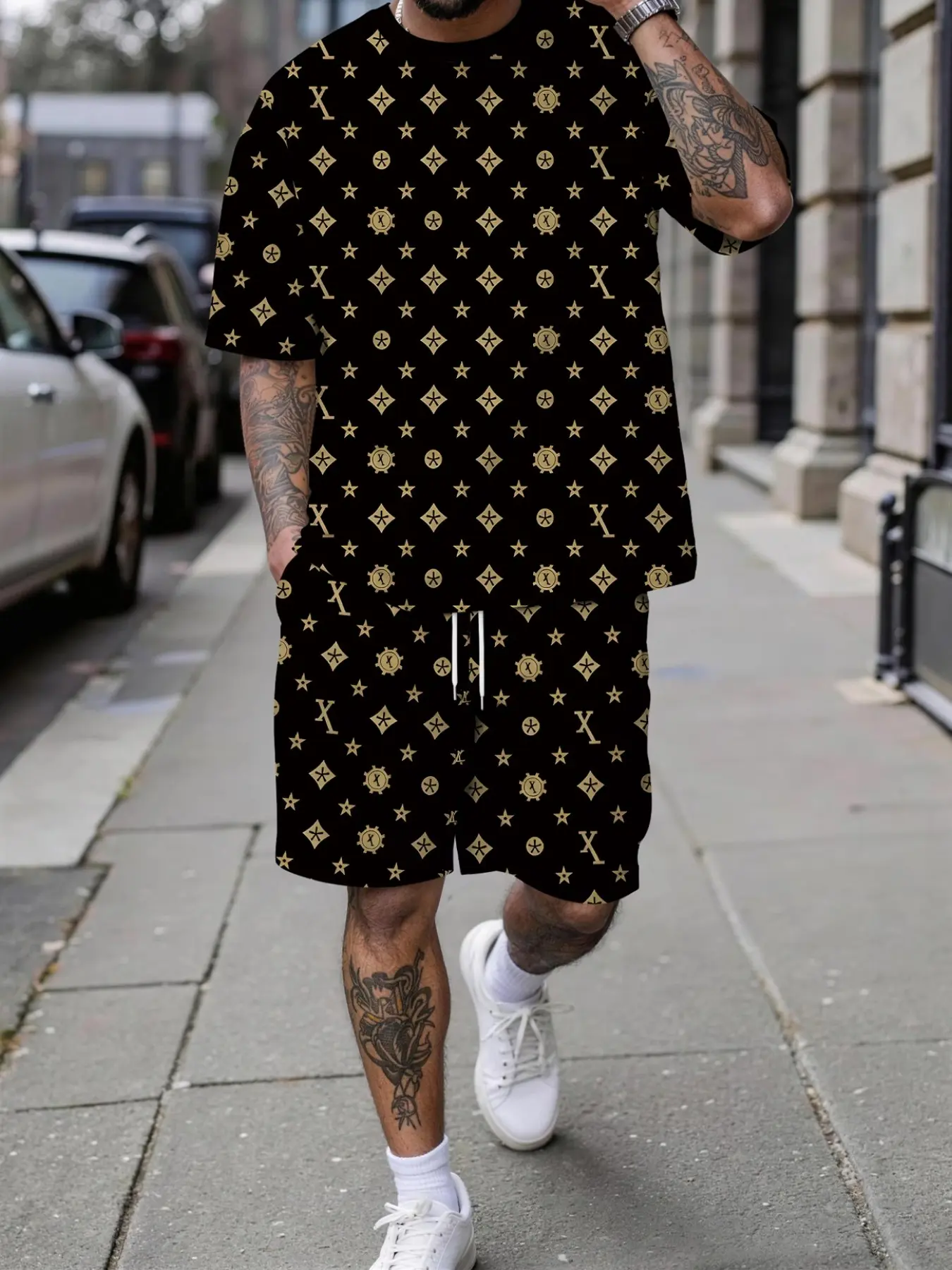 Men's 3D Digital Print Two-Piece Set, Menswear, All over Print Floral Pattern, Fashion Sporty Short Sleeve Shorts, Breathable Hiking, Perfect Gift