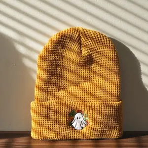 Embroidered Waffle Beanie Ghost Floral Hat Fall Mustard Beanie Winter Teen Gift Idea Kids Camping Hat for Halloween Spooky Beanie for Women Soft Hat