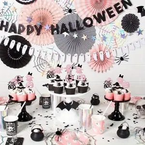 8pcs/set Halloween cupcake decorations - pink and black sparkling ghosts, little Boo, witch hats, pumpkin cake decorations for Halloween-themed parties, birthday party supplies, made of thickened high-quality paper