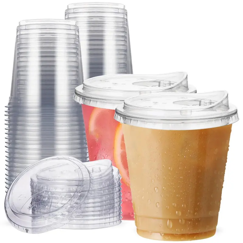 12 Oz Iced Coffee Cups with Lids, Clear Thick Plastic Cups with Strawless-sip-lids, Disposable Cups Plastic Iced Coffee Cups, To Go Cups with Sip Through Lids for Smoothie, Milkshake, Cold Drinks for Party, Wedding, Event