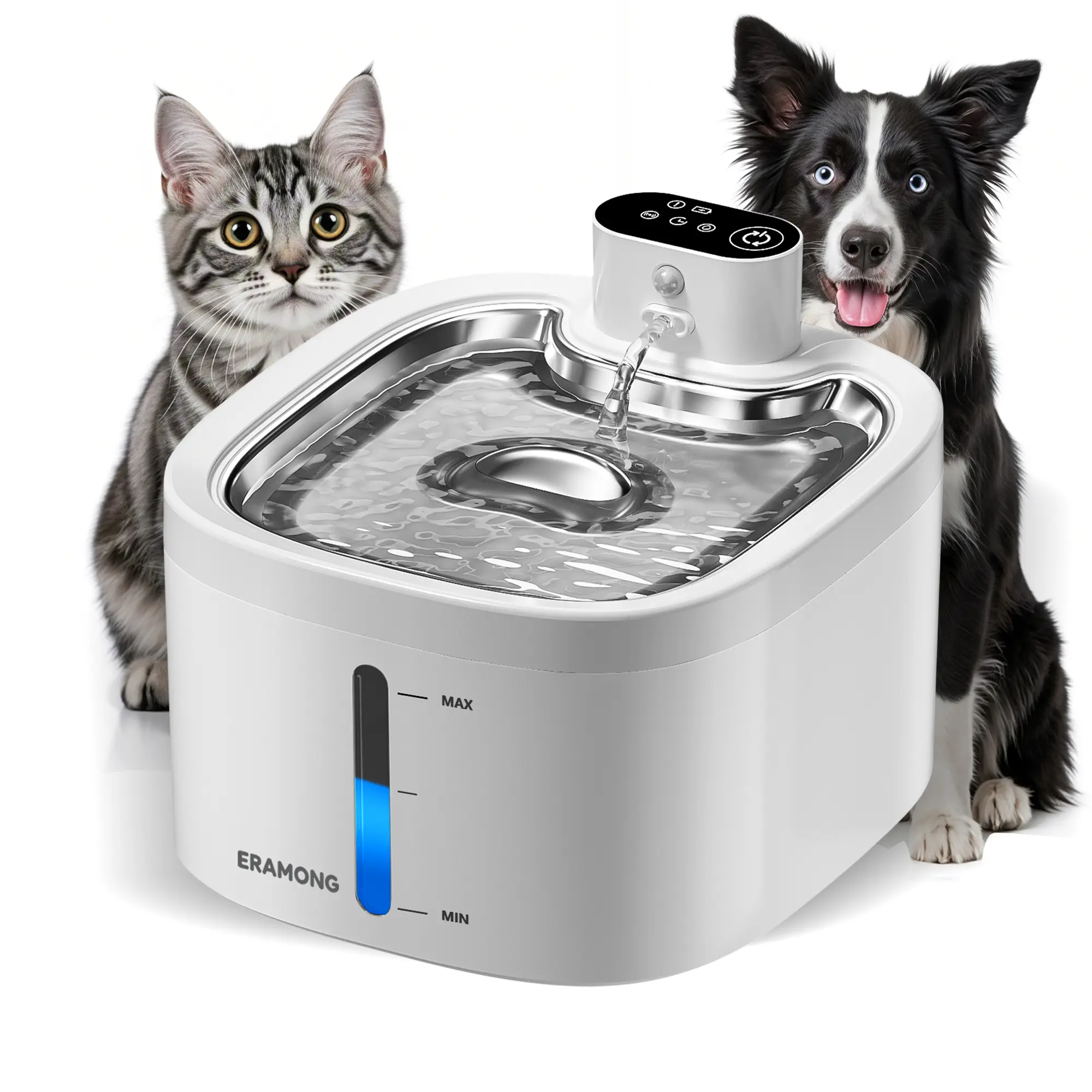ERAMONG Automatic Water Feeder for Cats & Dogs - 3.5L/118oz Smart Indoor Wireless Battery-Powered Water Fountain, Food Grade SS Tray, Motion Sensor Sip, Ultra-Quiet, 4-Layer Filter, Multiple Power Supplies, 3 Modes for Busy/Relaxed Homes (W02B)