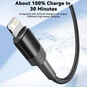 MFi Certified Lightning Cable, USB-A to iOS, 2.4A 12W Fast Charge & Sync, Flat Nylon Braided, Female to Male, 10-20W Power, Glossy Surface, High-Speed Data Transmission 480Mbps, Compatible with Smartphone, iPhone 5-14 Series & iPad iPod