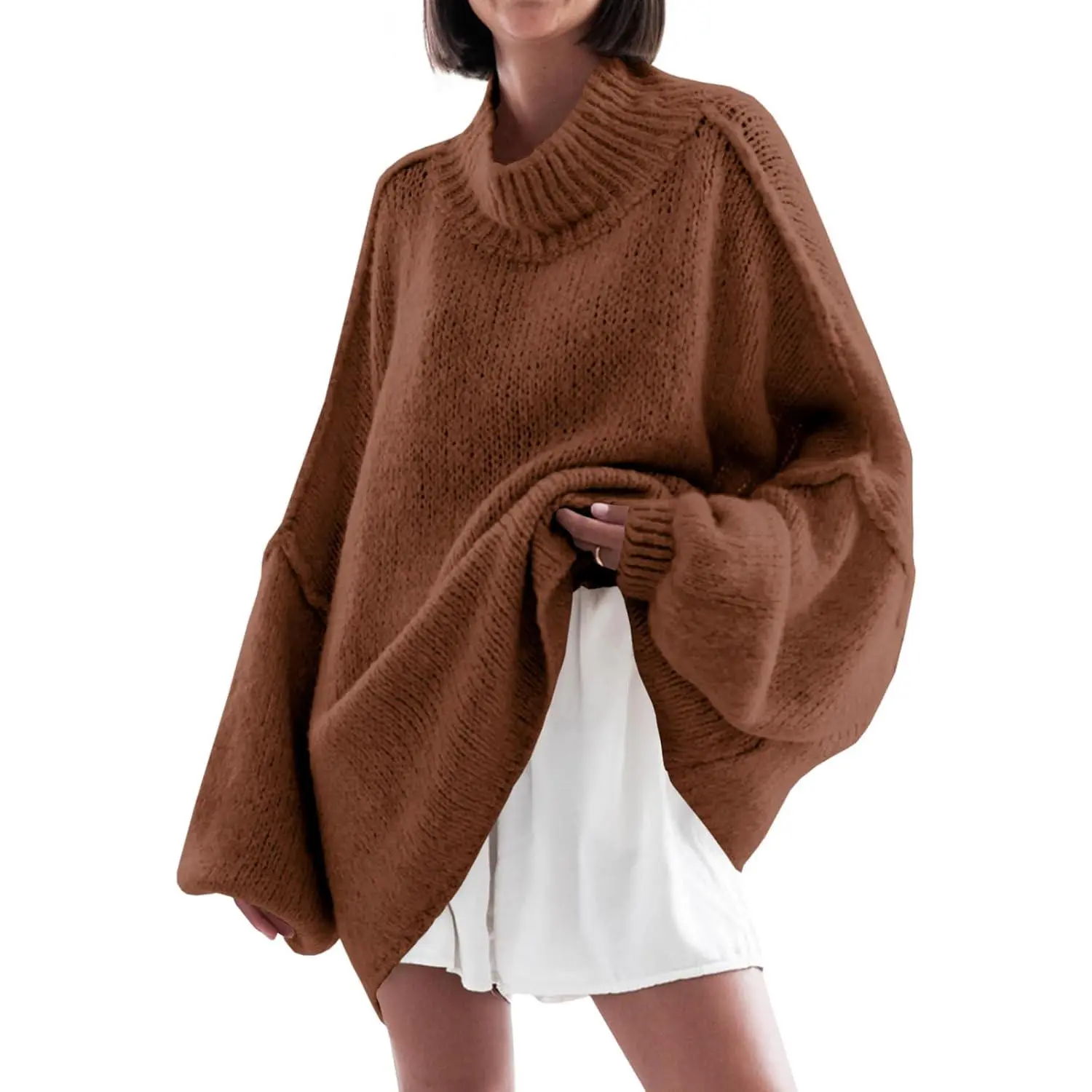 Lannew Womens Oversized Sweaters Mock Neck Batwing Long Sleeve 2024 Fall Trendy Ribbed Knit Casual Tunic Sweater