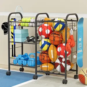 Ball Storage Rack, Sports Ball Storage Cart with 6 Wheels, Elastic Strap, Removable Basket, Hooks, Sports Equipment Organizer For Garage, Children's Room, Court, School, Small Gym, Outdoor Accessory Hanging