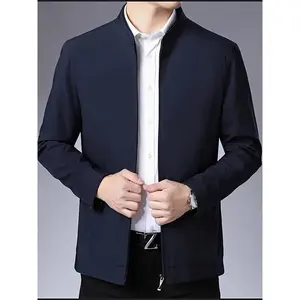 Elegant Men's Lightweight Business Casual Jacket - Solid Color, Stand Collar, Zip-Up with Side Pockets, Polyester, Perfect for Spring & Autumn
