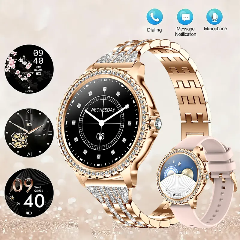 IP68 Rose Gold Women’s Smart Watch with Diamond Dial & Diamond-Studded Strap, 1.32” HD Full Touchscreen Display, Bluetooth Call, Sleep & Step Tracker, 100+ Sport Modes, AI Voice Assistant, Extra Strap