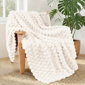 Fleece Throw Blanket for Couch or Bed, Luxury 3D Jacquard Super Soft Lightweight Summer Spring Blanket, Cozy Fluffy Plush Decorative Sofa Blankets, 50x60 Inch, Ivory