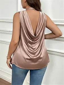 Plus Size Women's Solid Color Sleeveless Shirt Blouse Top, Elegant Stand Collar Backless Design, Loose-Fitting for Daily, Parties, Dates, Womenswear