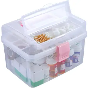 10 Inch First Aid Clear & Pink Bin with Removable Tray, Quick Access Lid Flap and Top Handle, Emergency Kit, Medical Supply Travel Tote, Medicine Box Container