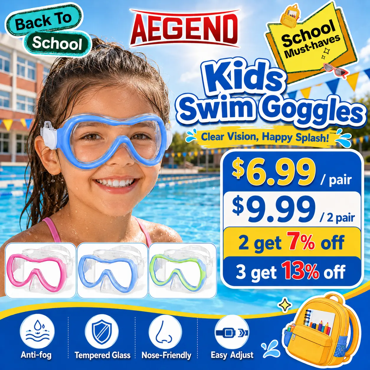 Aegend Kids' Swim Goggles, Swim Glasses with Tempered Glass Polycarbonate Anti-Fog Wide-View Lens, Silicone Skirt Seals Water Mask, Nose-Friendly Cover, Impact-Safe Film, Tight-Fitting Snorkel Accessory for Back to School Children
