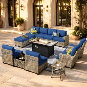 POUUIN 13-Piece Wicker Patio Furniture Set with Fire Pit Table, Swivel Rockers, L-Shaped Sectional & Deep Seating