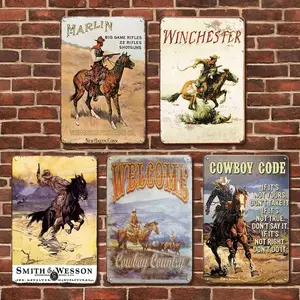 Mancave 5pcs Set of Western Cowboy Vintage Metal Tin Signs - Retro Wall Art Decor, Multicolor Design for Garage, Bar, Cafe, Office & Dorm Decoration cubicle  office  decor Gift Home farmhouse  home  decor beer lover creative small gift warning  sign