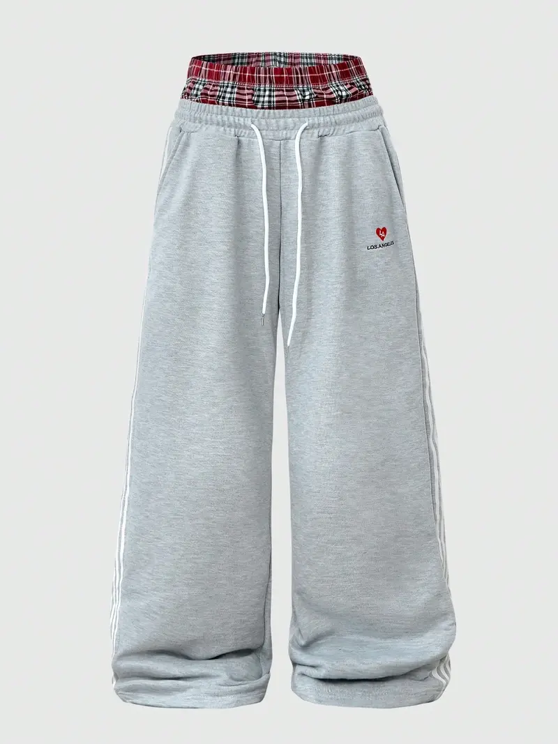 Men's Baggy Sweatpants High Waisted with Plaid Waistband, Trendy Wide Leg Lounge Pants, Casual Streetwear Joggers with Side Stripes