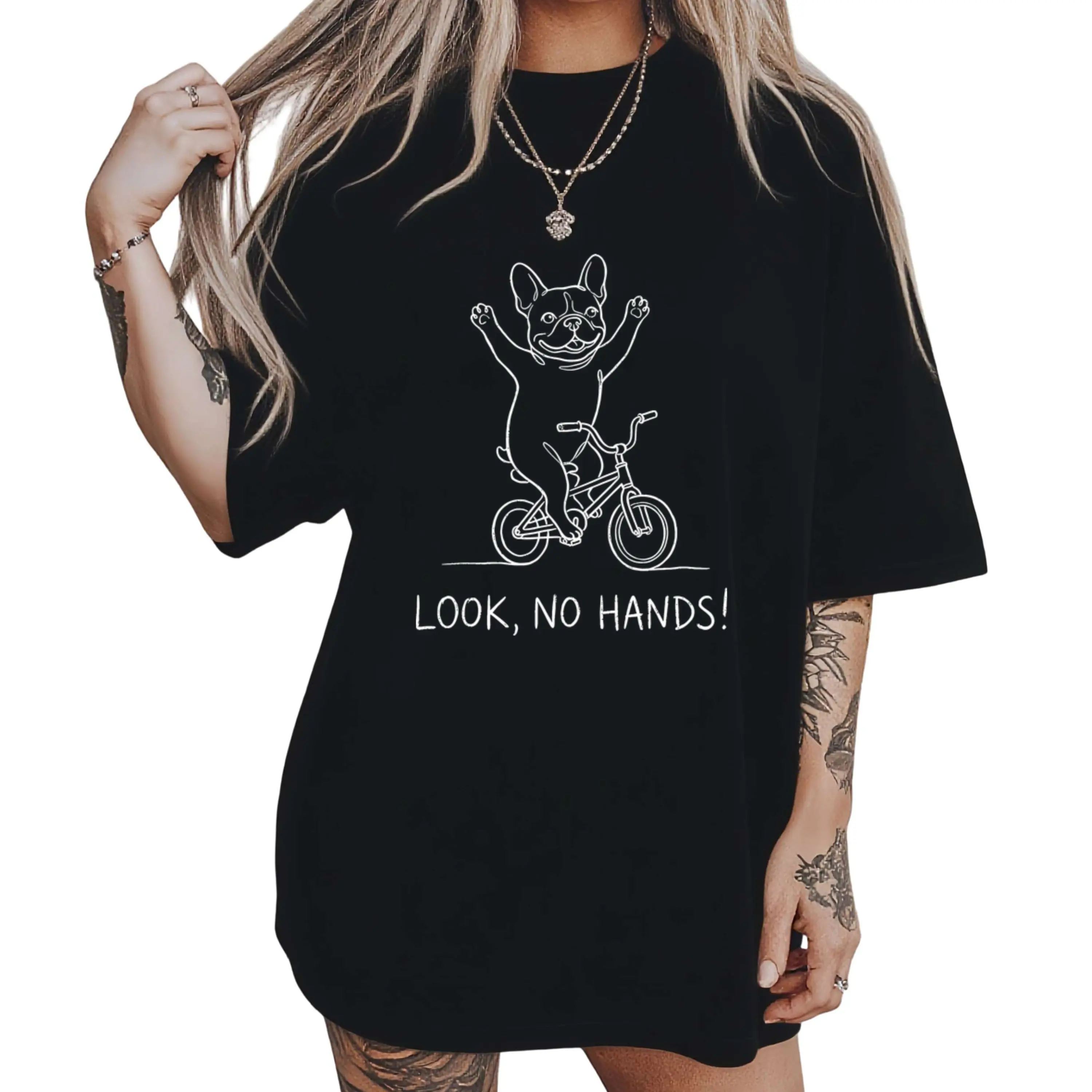 Women'S Graphic T-Shirt French Bulldog Riding No Hands Bicycle Retro Tshirt Funny Frenchie Bike Graphic Tee Machine Washable Casual Round Neck Shirt Suitable for Cyclists Dog Lovers