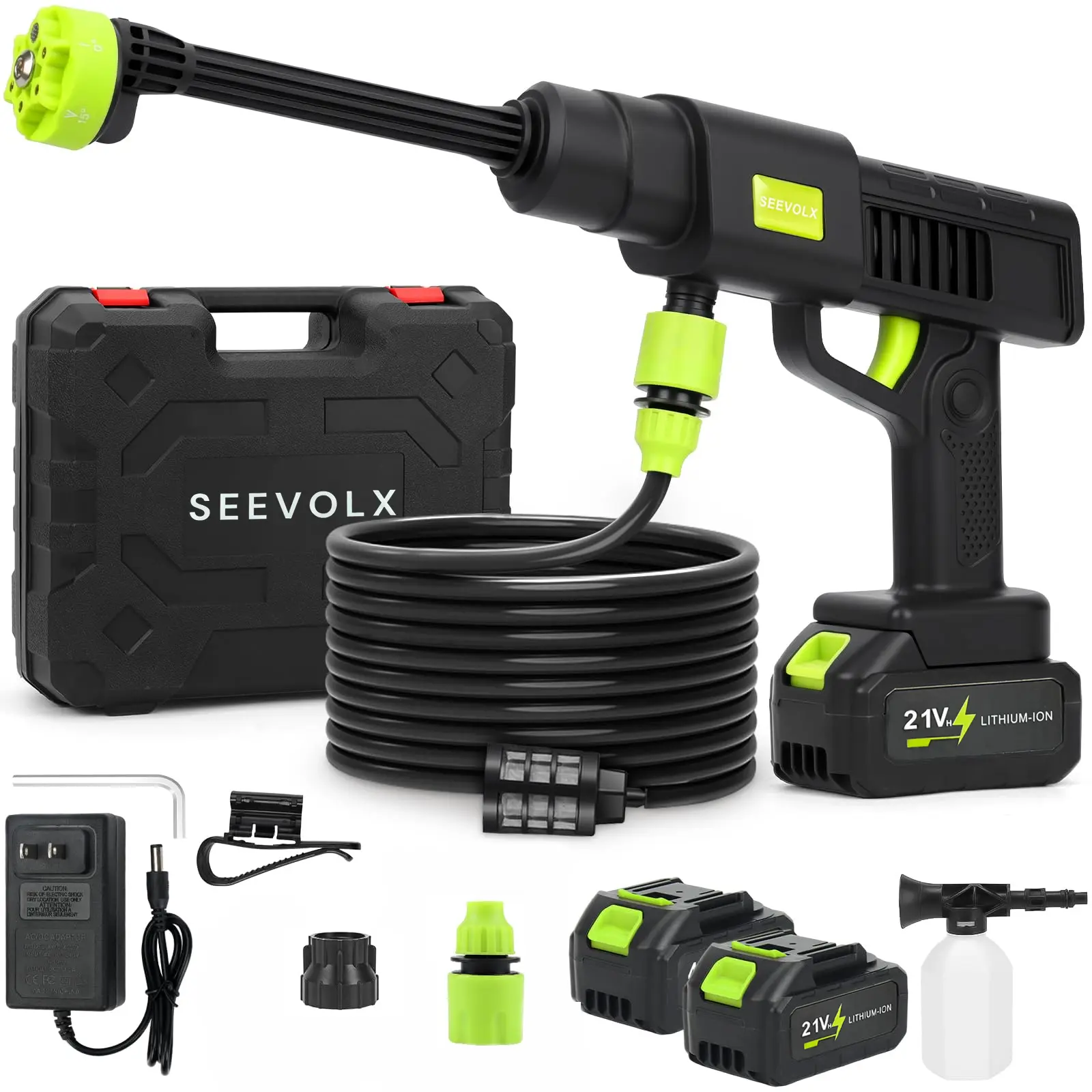 SEEVOLX 21V Cordless Pressure Washer - Portable Pressure Washer with 990PSI Max, 6-in-1 Nozzle, 2 Batteries for Car, Patio Cleaning
