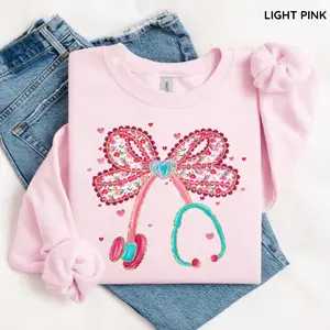Gildan Pink Valentine Nurse Sweatshirt, Coquette Nurse Sweatshirt, Stethoscope Bow Sweatshirt, Valentine’s Day Nurse Gift, Cute Nurse Crewneck