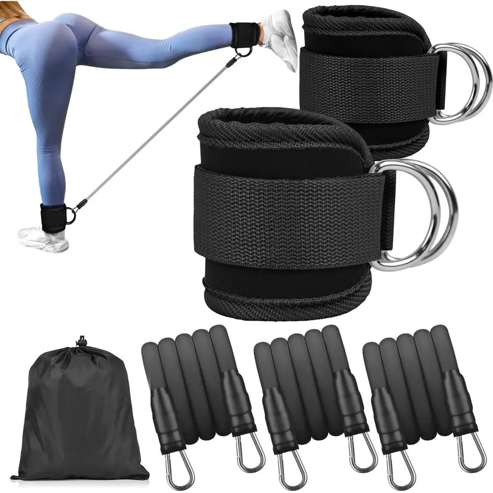 Ankle Cuff Resistance Bands Set - Black Flexible Ankle Straps with Multi-Grade Cords, Included Pouch, Fitness Accessories for Gym Warm-Up, Outdoor Sports
