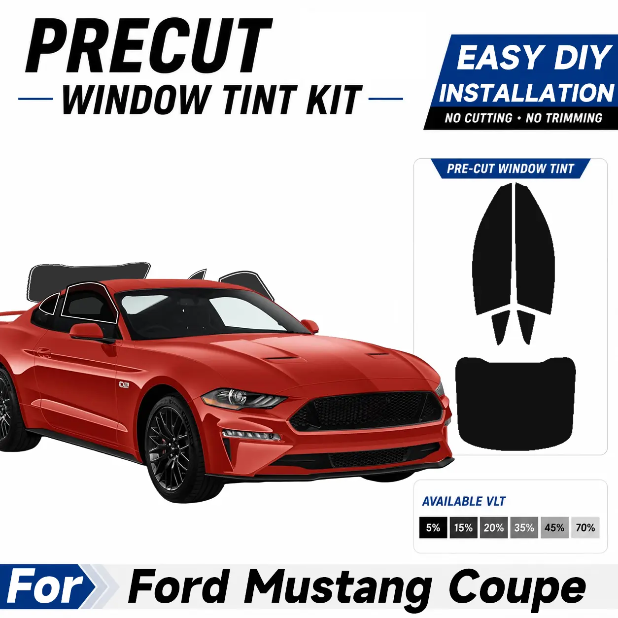 Automotive Custom Size Precut Window Tint - Easy to Apply Installation Pre Cut Tint Kit, Sun protection UV Protection & Car For Ford Mustang Coupe 1994-2025
