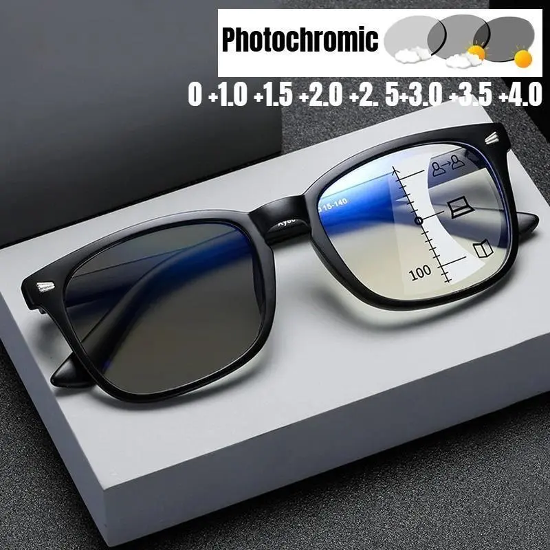 Multifocal Photochromic Reading Sunglasses for Men Vintage Near Far Color Changing Progressive Presbyopia Glasses 0 to +4.0