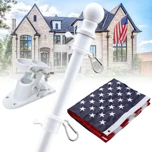 Barcetine Outdoor Flagpole Complete Kit - 3x5 Embroidered US Star Flag, Stainless Steel Tangle-Free Flagpole for Porch, White