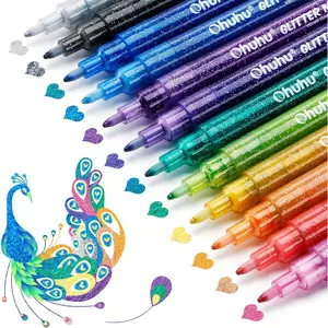 Ohuhu Glitter Markers Pen: 12 Glitter Colors Metallic Shimmer Marker Fine Tip Waterbased Ink for Kids Adults DIY Crafts Greeting Birthday Cards Making Mugs Wood