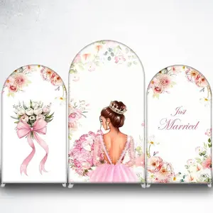 15-day Delivery Pink Floral Bouquet with Bow Arch Backdrop Cover for Wedding and Bridal Shower Decor