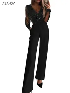 ASANDY Women's Fashionable Black Mesh Sequin Patchwork Deep V-neck Long-sleeved One-piece Slimming Wide-leg Trousers for Spring and Autumn Jumpsuit Chic