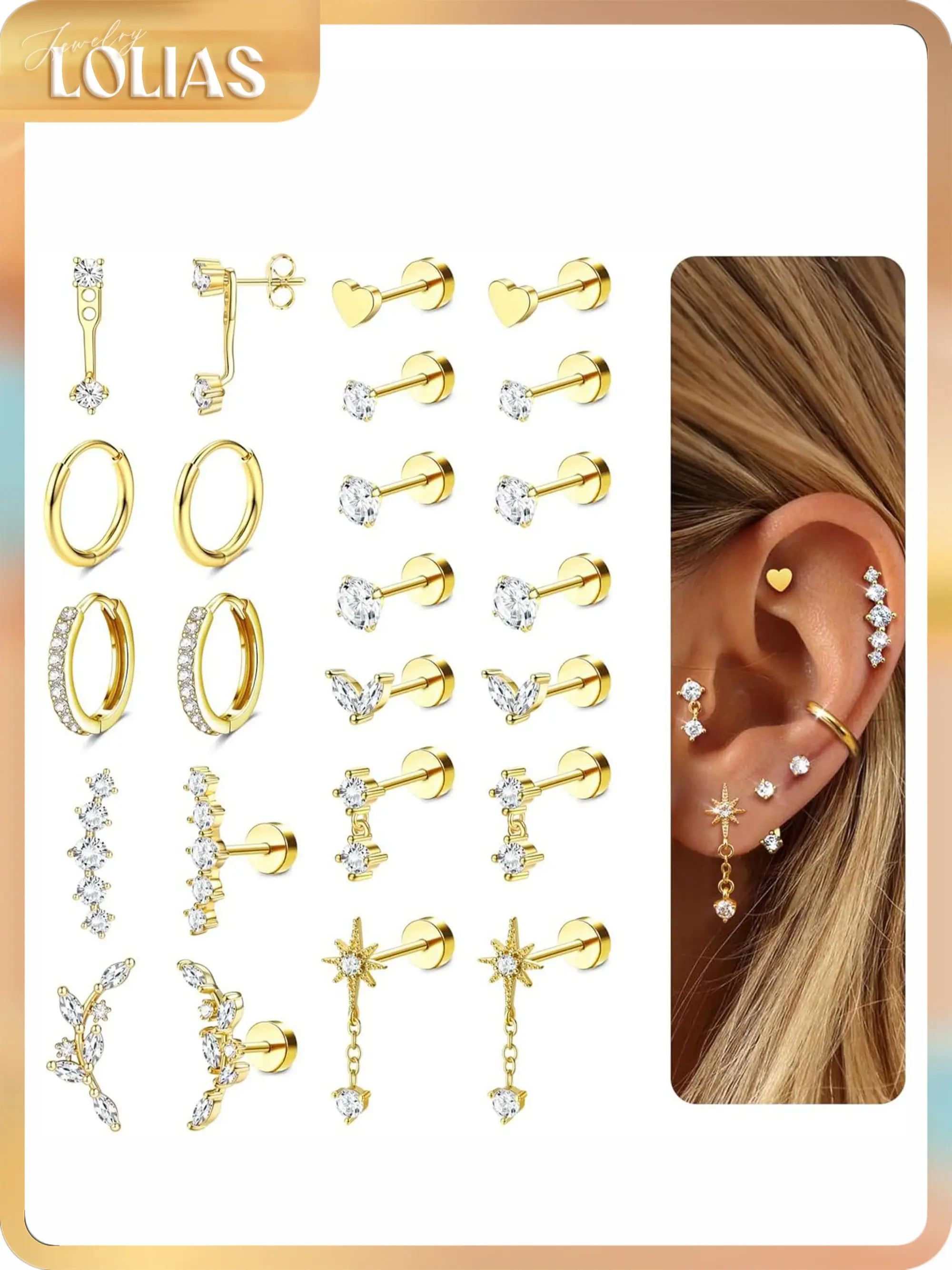 LOLIAS Hypoallergenic Flat Back Earrings-Cartilage Earring Stacks-Surgical Steel Earrings for Sensitive Ears - Small Stainless Steel Flatback Stud Hoop Earring Sets for Helix Tragus Conch Daith Multiple Piercing Jewelry Trendy