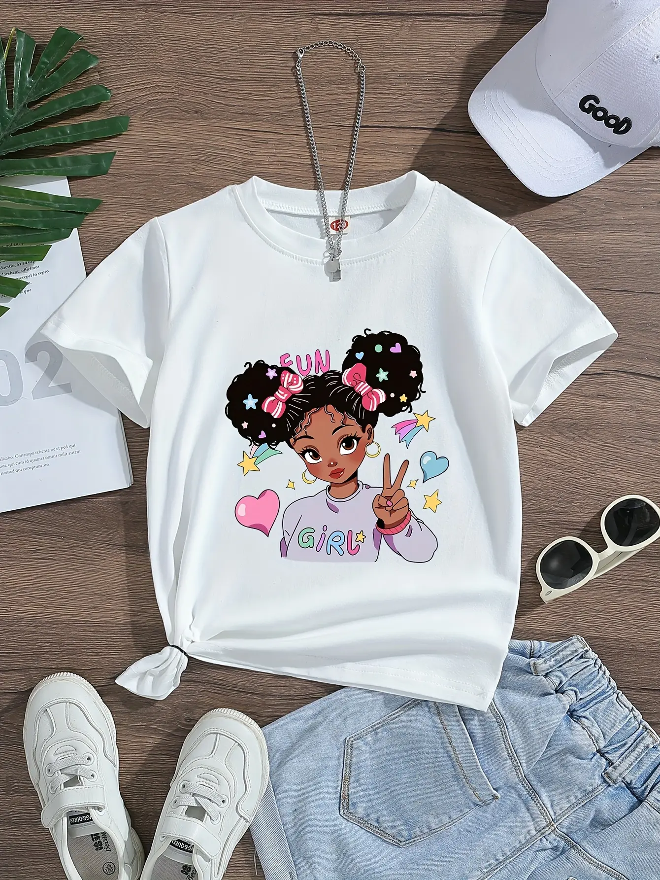 Girls "Fun Girl" Cartoon Character Graphic T-Shirt, Short Sleeve Crew Neck Cute Afro Puff Tee