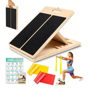Wooden Calf Stretching Slant Board With Elastic Band Portable Adjustable Incline Board for Squats Pilates Physical Therapy Equipment Non Slip for Knees Ankle Heel Feet Leg Exercise Mobility Improvement Home Gym Fitness Tool
