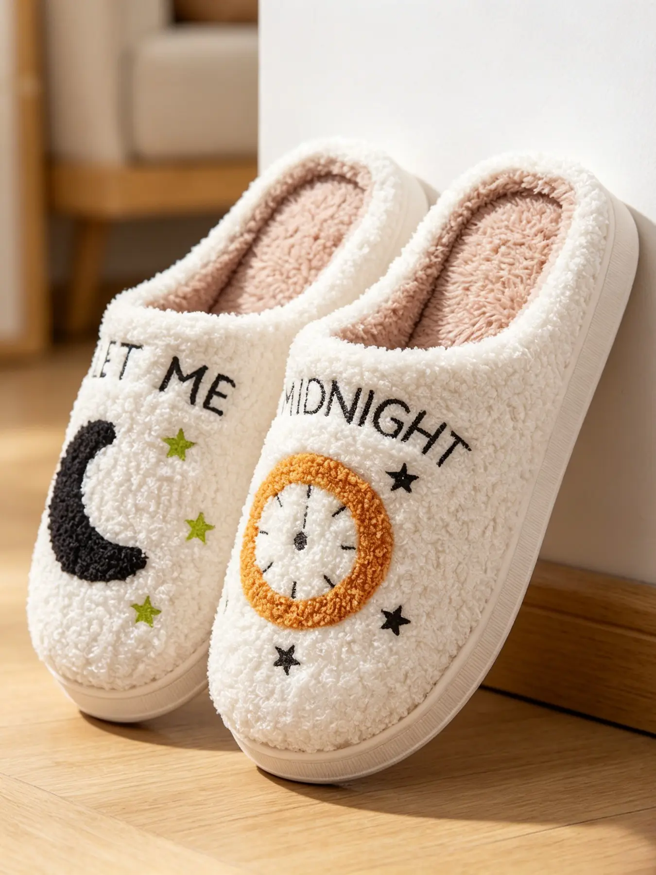 Unisex Star Moon Clock Embroidered Plush Slippers, Soft Warm Non-Slip Indoor Shoes, Casual Textile Rubber Sole, All Seasons