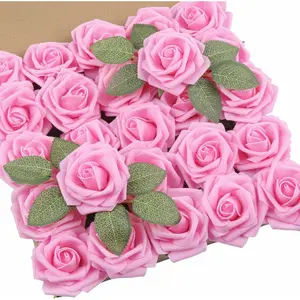 25Pcs Artificial Roses Flowers Fake Roses with Stems Real Touch Foam Flowers for DIY Wedding Bouquet Shower Centerpiece Floral Arrangement Party Home Decor(Pink)
