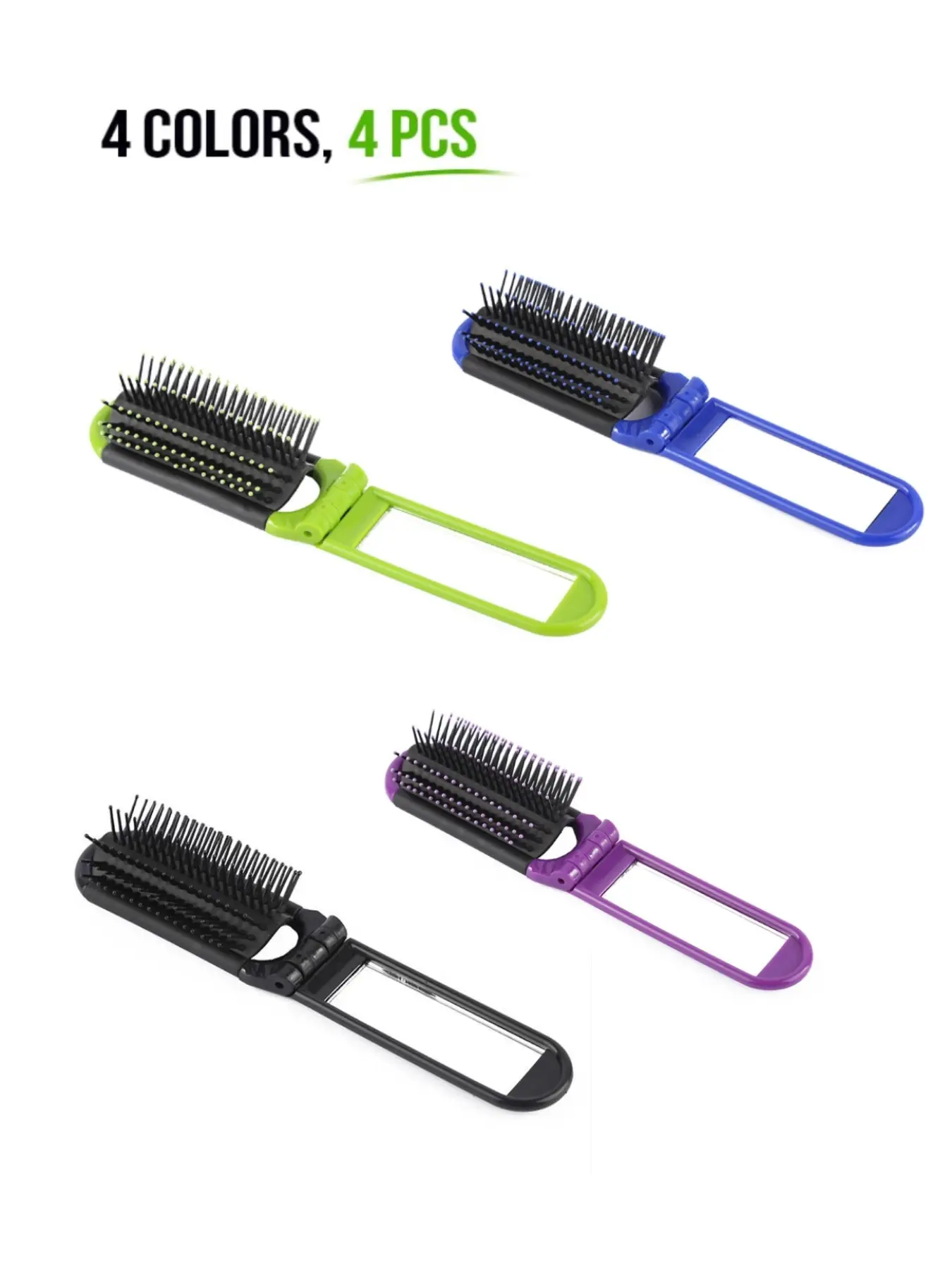 4 Piece Foldable Hair Brush Set with Compact Mirror, Portable Pocket Hairbrush Small Comb, Travel Vacation Outdoor Use, Detangling Hairbrush, Detangler Brush
