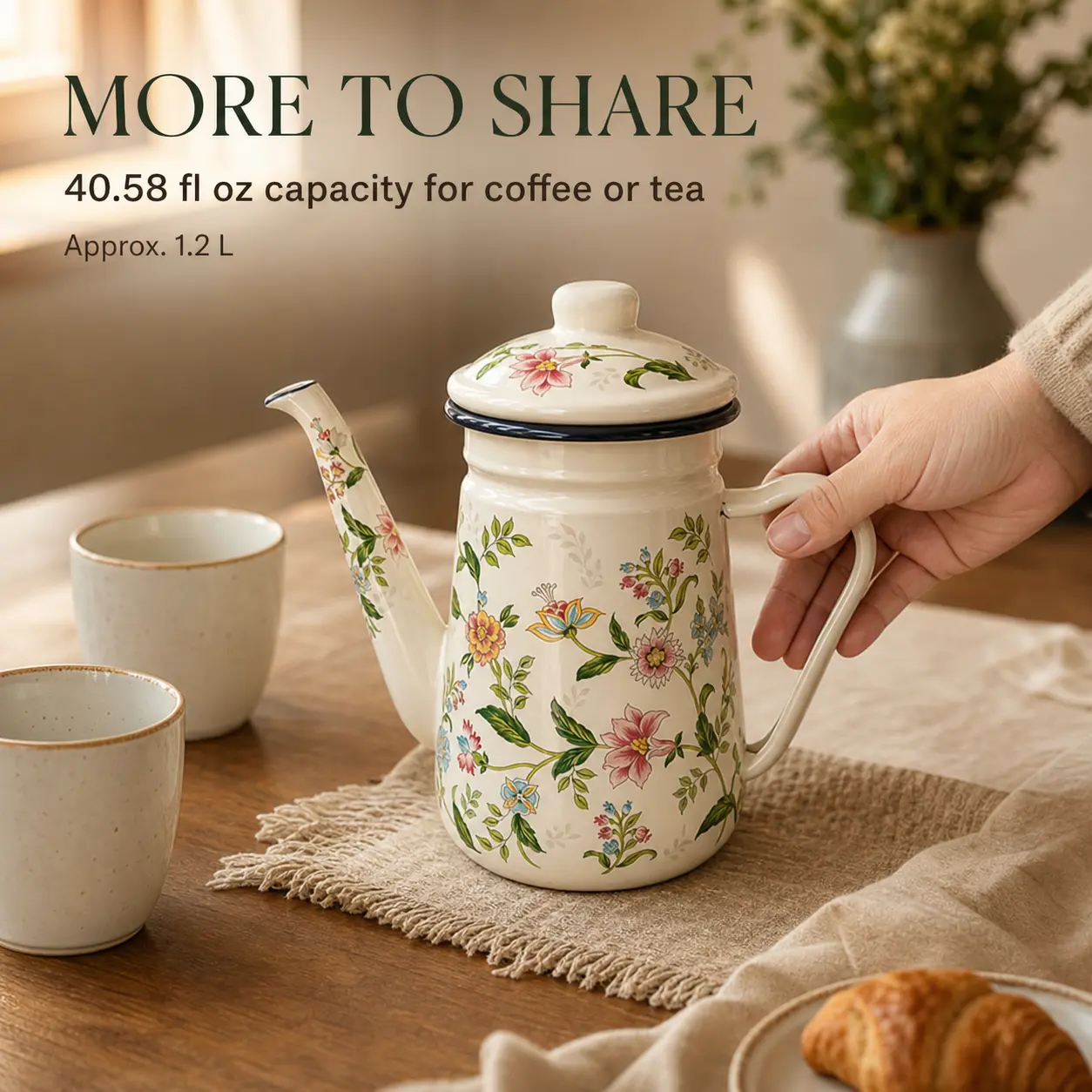 Ivory Vintage Floral Enamel Coffee & Tea Pot with Lid - 40.58 fl oz (1.2L) Long Spout Home Use Kitchen Kettle with Curved Handle, Multicolor Design for Induction, Gas Stovetops
