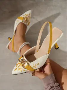 Women's fashionable new pointed-toe closed-toe High Heeled Sandals with embroidery, metal buckle, back strap, and stiletto heel. Simple and comfortable, ideal for daily wear, commuting, and parties