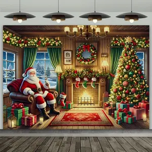 1pc 2D Flat Large Santa Claus Christmas Backdrop Vintage Fireplace - Assembly Required Durable Polyester Holiday pty Decor Christmas Office Live Streaming - Festive Santa Christmas Tree Scene Presents