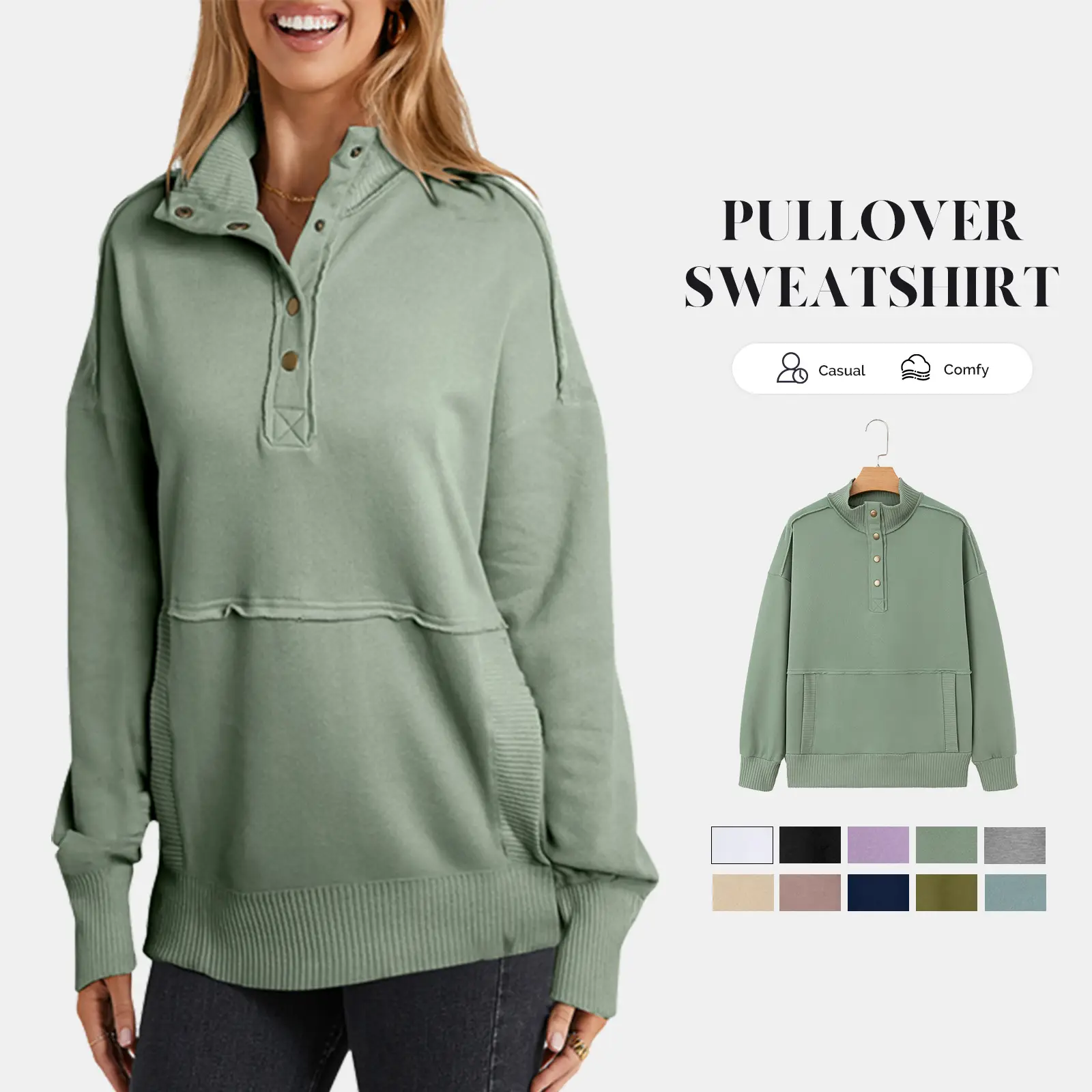 Shewin 2025 Women's Fall Pullover Mockneck Button Down Ribbed Fit Lightweight Cozy Oversized Long Sleeve Sweatshirt Kangaroo Pocket for Everyday Wear