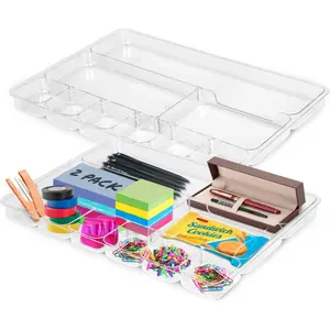 Manaloom Desk Drawer Organizer Tray with 9 Storage Compartments - For Home and Office - Organizing Pens, Pencils, Paper Clips, Sticky Notes - Clear - 2 Pack