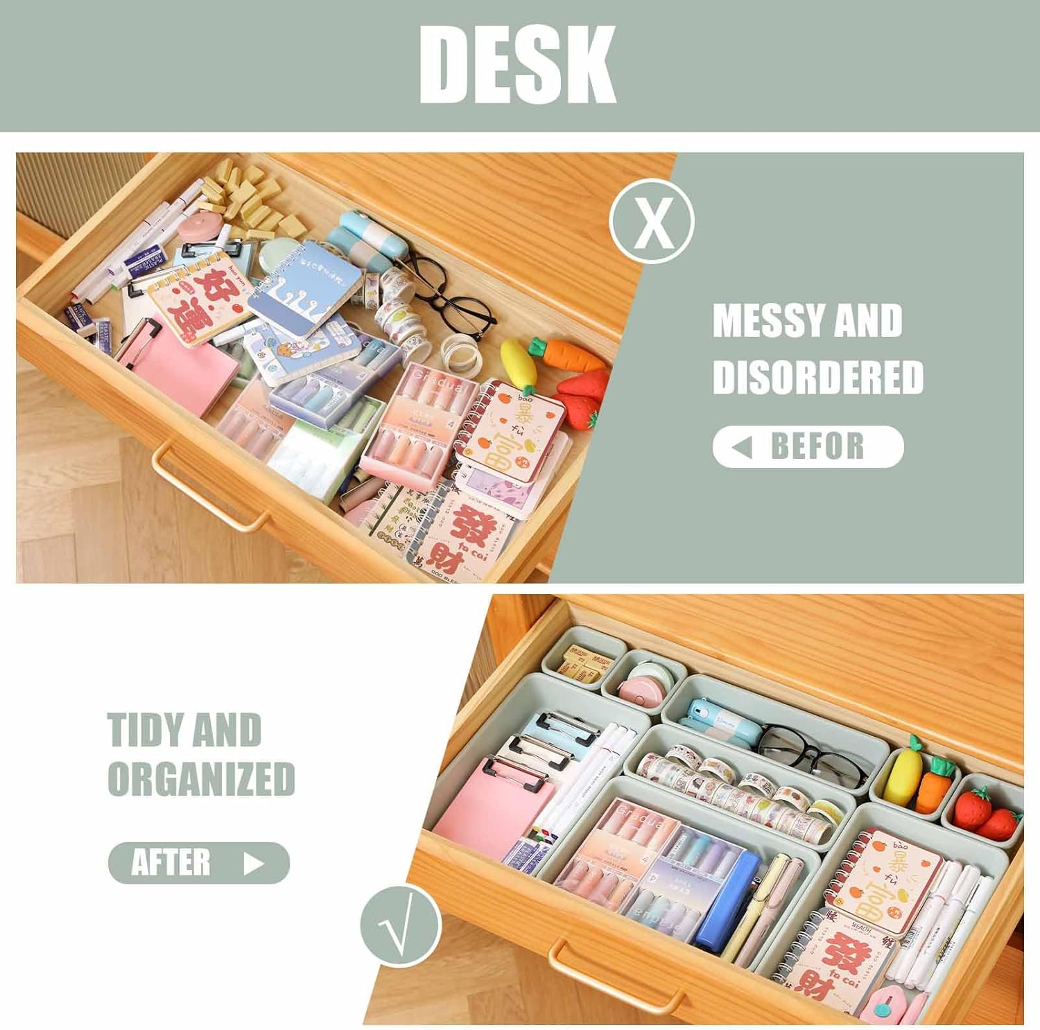 16 Pcs Plastic Drawer Organizer Set 3-Size Versatile Drawer Divider Trays Vanity Storage Bins for Makeup Jewelry Utensils Gadgets Kitchen Bedroom Bathroom Office Green&Purple