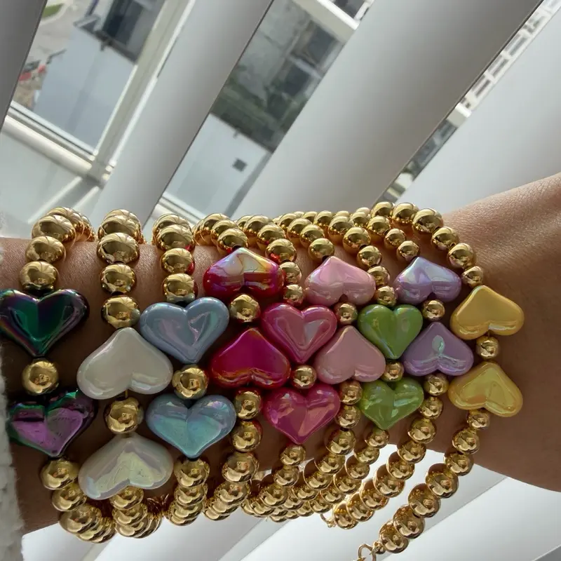 Women's Gold-Plated Heart Beaded Stretch Bracelet with Colorful Heart Charm