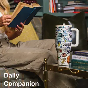 stainless steel insulated mug, Tumbler, Coraline dark fantasy cartoon print, spooky cute gothcore aesthetic, vacuum double wall, straw sip design, keeps hot 12h cold 24h for commute, car, gym, EDC, unique gift for animation fans