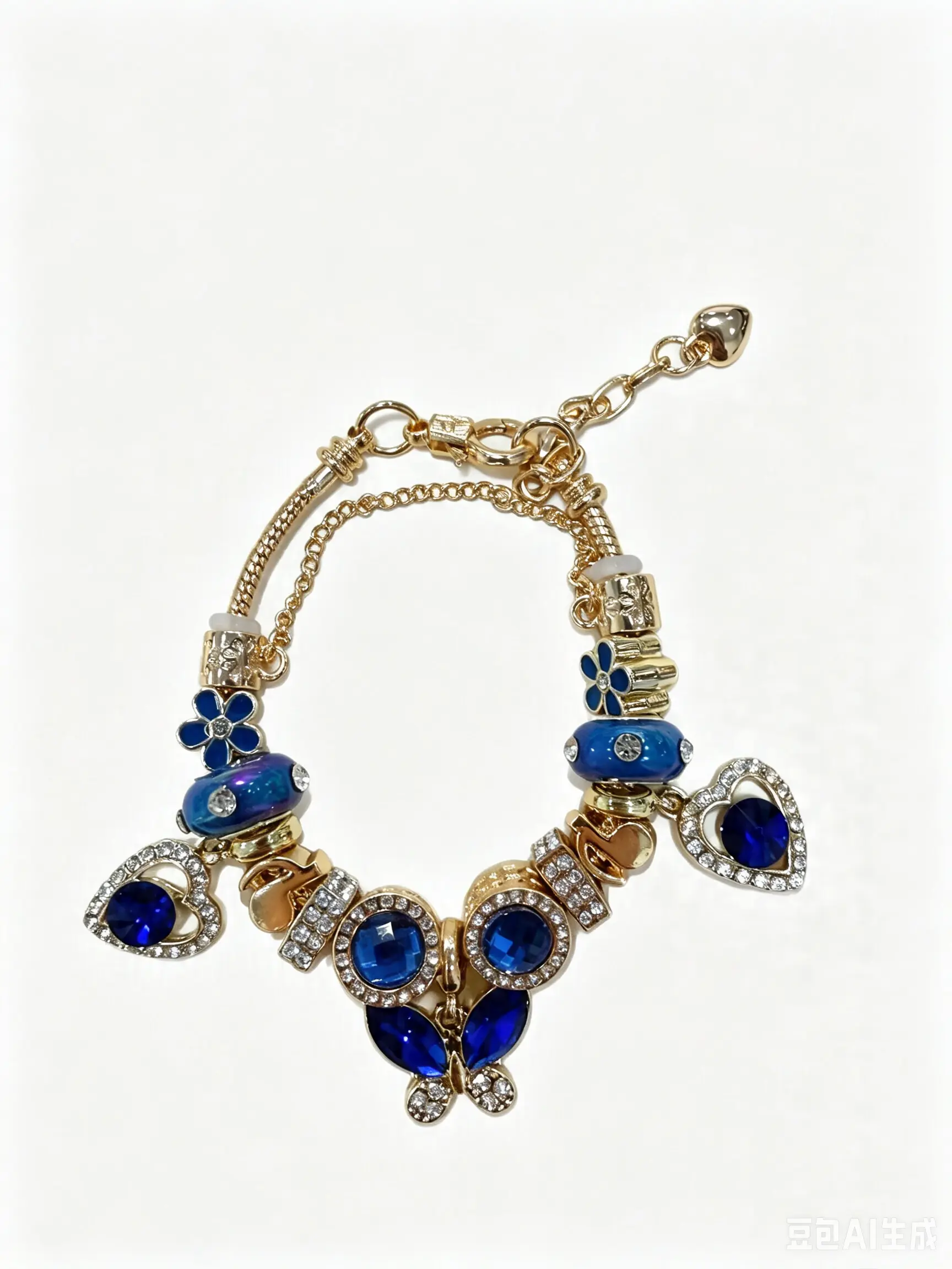 Luxury Blue Crystal Butterfly Charm Bracelet with Blue Shiny Rhinestone Heart & Blue Flower Beads, Elegant Y2K Aesthetic Dangle Pendant Jewelry Gift for Women Girls