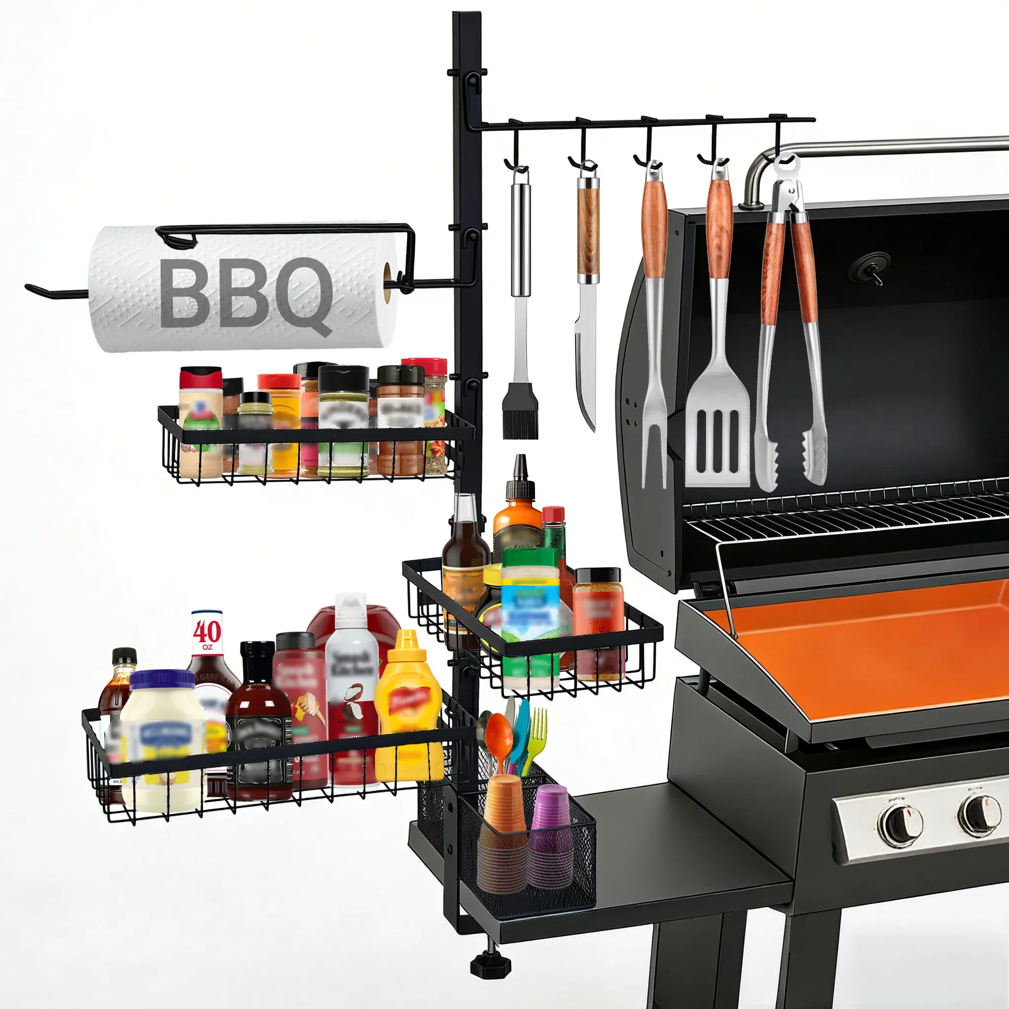 Blackstone BBQ Grill All-in-1 Steel Organizer with Paper Towel Holder, Utensil Hooks, Condiment Basket - Ideal for Outdoor BBQ, Camping, Father's Day Gifts for Dad