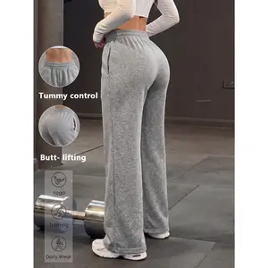 Women's Heather Grey High Waisted Wide Leg Sweatpants with Drawstring, Seamed Casual Athleisure Pants for Daily Wear