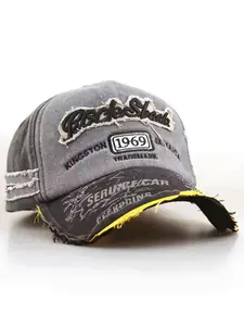 Retro washed baseball cap, letter decoration, adjustable unisex dad hat, suitable for outdoor sports and hip-hop style, rock head design