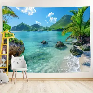A wall hanging painting of a tropical beach scene - colored polyester home decor, showcasing palm trees, crystal clear water, and mountain backgrounds, suitable for living rooms, offices, or party decorations