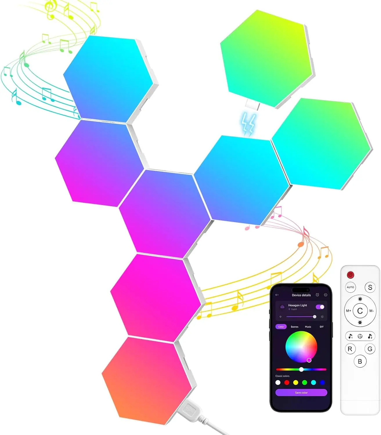Hexagon LED Light Panels 8 Pack – Smart RGB Wall Lights with APP & Remote Control – Music Sync Modular Gaming Lights for Bedroom, Living Room, Wall Decor