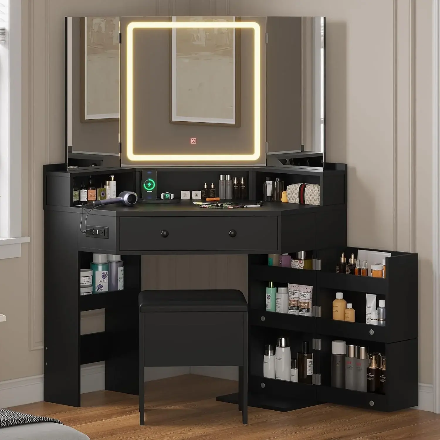 Sikaic Black Bedroom Corner Dressing Table - Makeup Vanity Desk with 1 Lighted Tri-Fold Mirror, Charging Station with 2 Outlets, 2 Drawers, Rotating Storage Shelves and Cushioned Stool