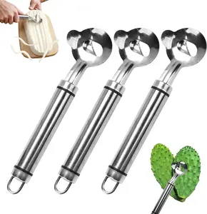 3pcs Spoon Cactus Peeler,Stainless steel strip long hole cactus thorn removal tool,Sliced Chinese Noodle Cutter for Cooking Kitchen Gadgets (3p-Silver)